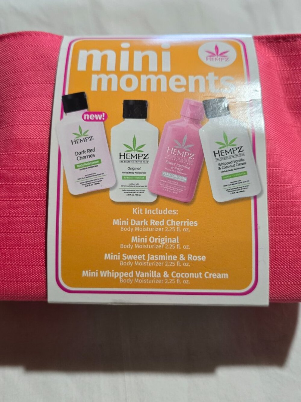 Hempz Mini Moments Body Moisturizer Gift Kit - 4-Piece Set with Pink Travel Bag